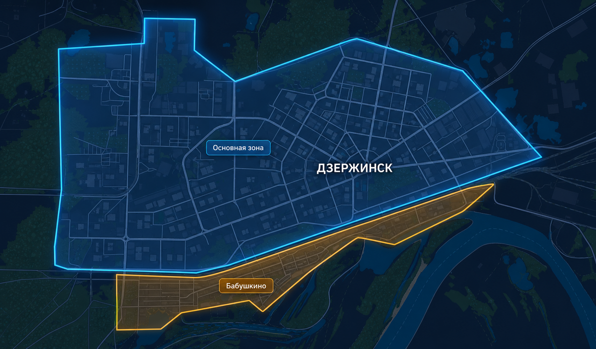Карта районов доставки воды toka по Дзержинску вечером
